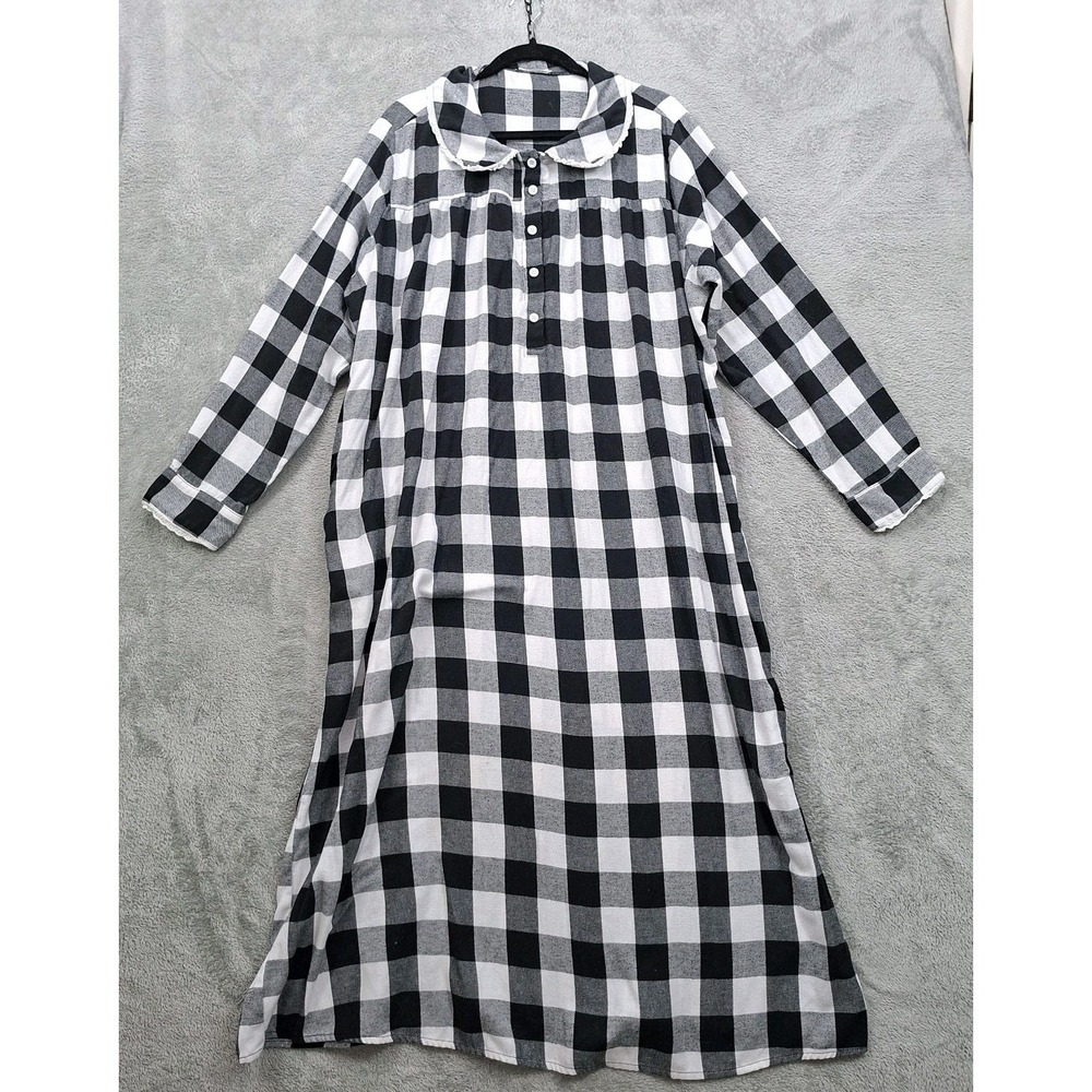 Ekouaer Nightgown‎ 2X  black and white Gingham Flannel Long Cozy Modest Pockets